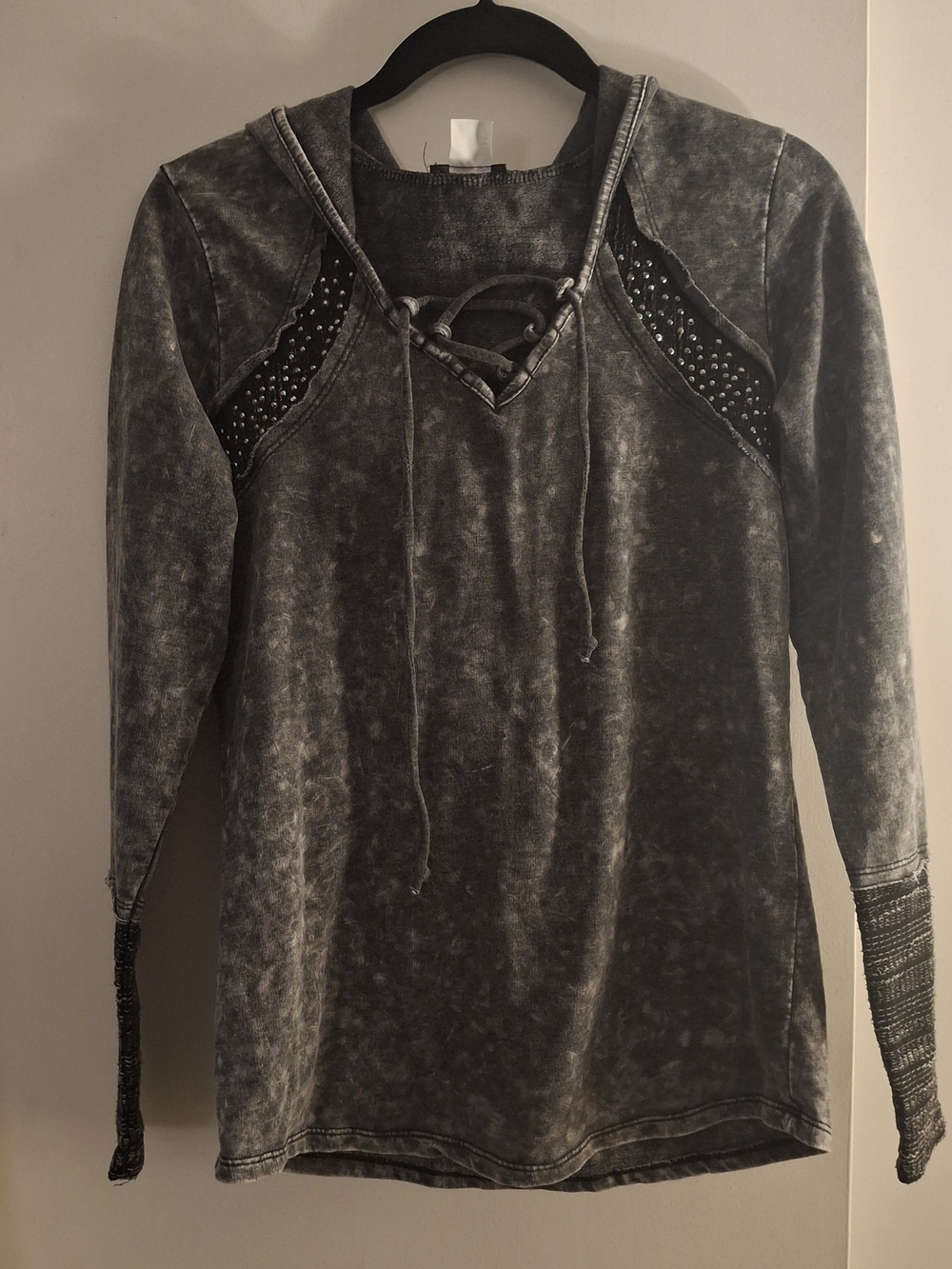 VENUS Washed Black Lace-Up Hoodie with Studded Shoulder